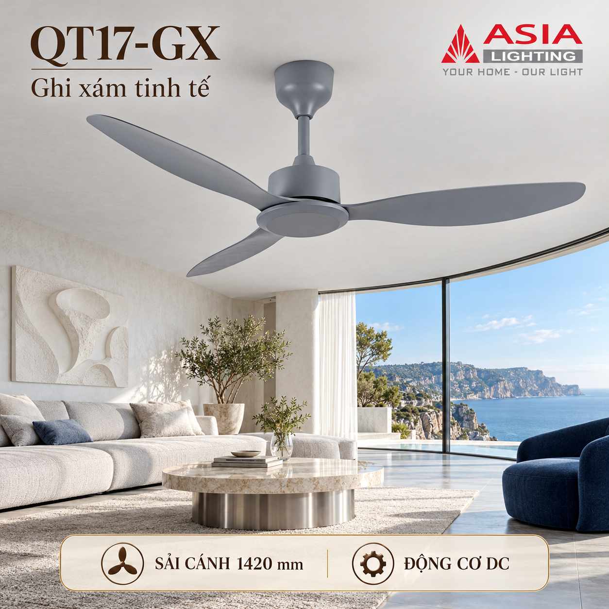 Quạt trần QT17-GX trong phòng khách biển-53