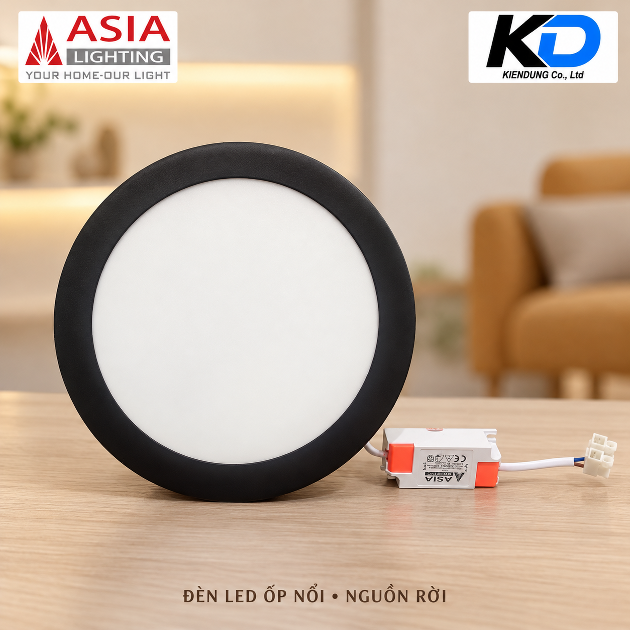Đèn LED tròn đen trên kệ gỗ-2
