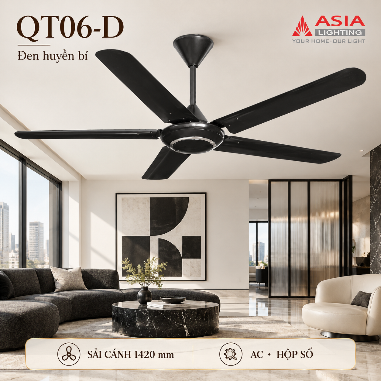 Quạt trần đen giữa gallery tối giản-14