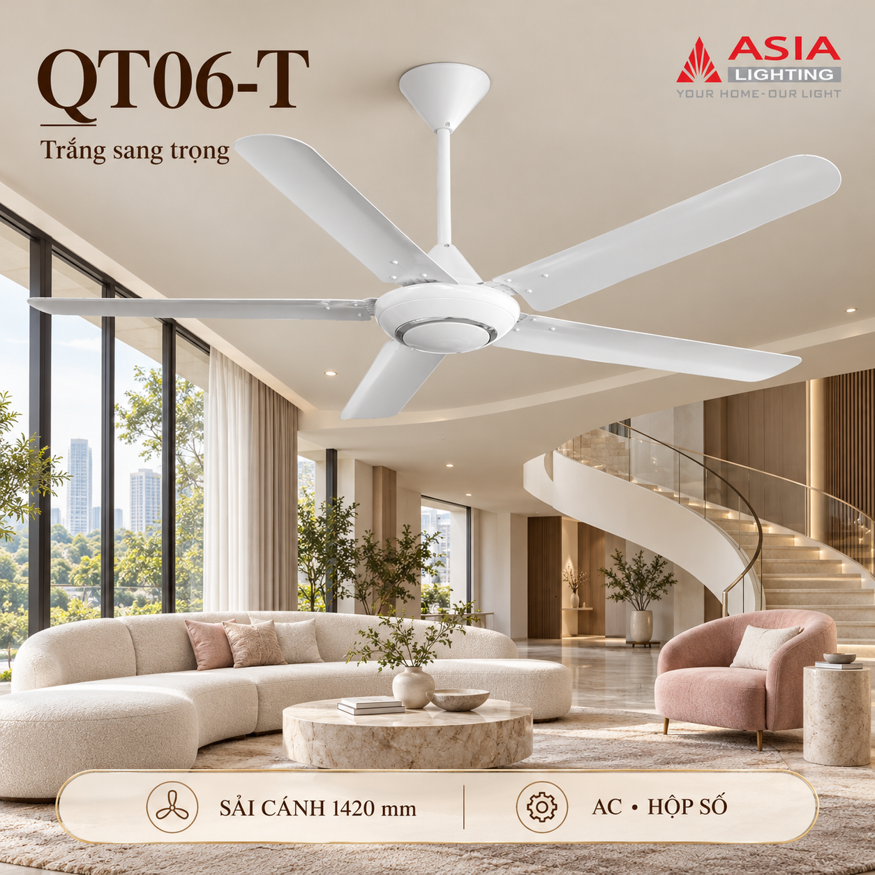 Quạt trần trắng, phòng khách cao cấp-12