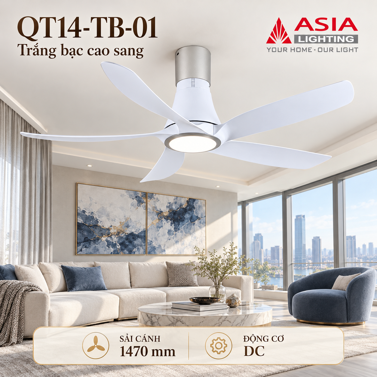 Quạt trần trắng năm cánh sang trọng-39